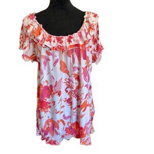Lane Bryant SZ18/20 Orange Pink Floral Cotton Ruffle Scoop Neck Gathered Hem